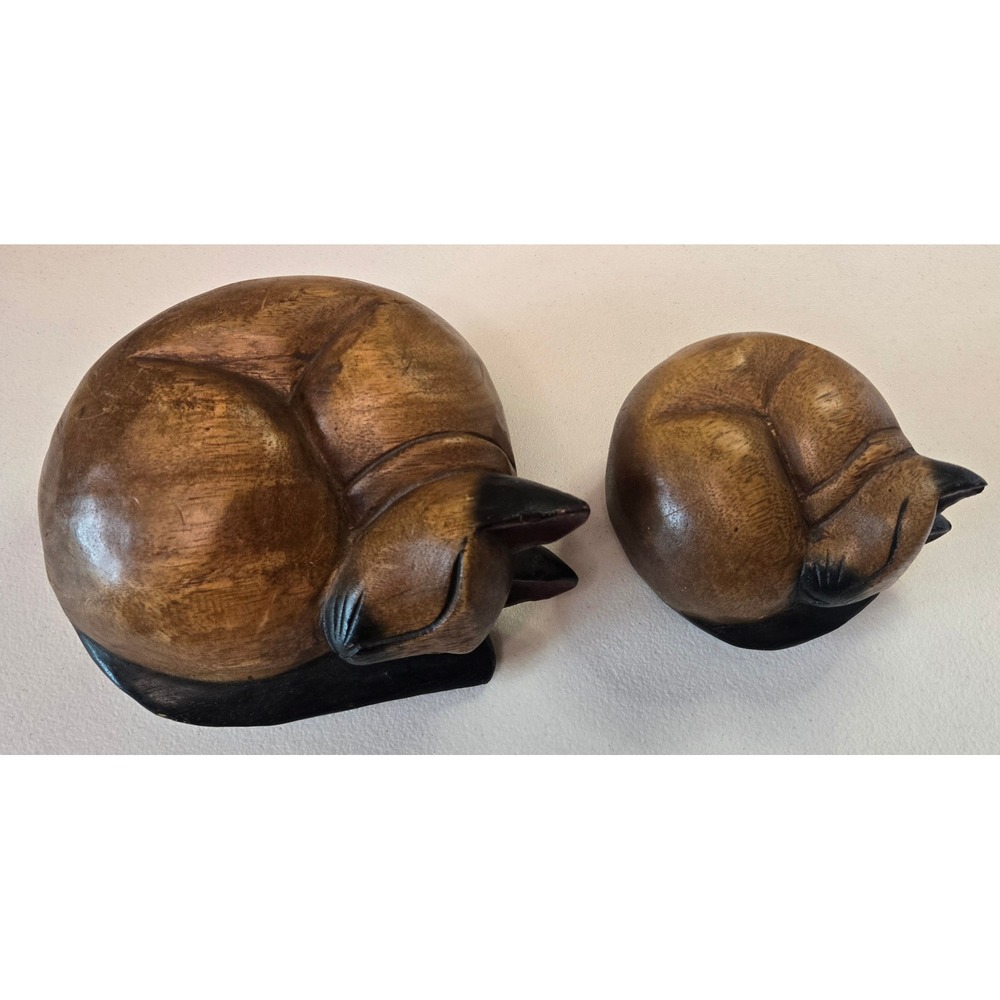 Carved Wood Sleeping Cat Figurines Pair Large Small Brown Black Folk Art Decor